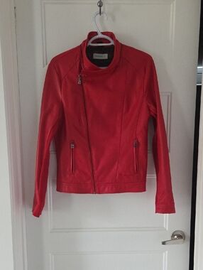 Desigual Red Asymmetrical Zip Faux Leather Jacket Size 42